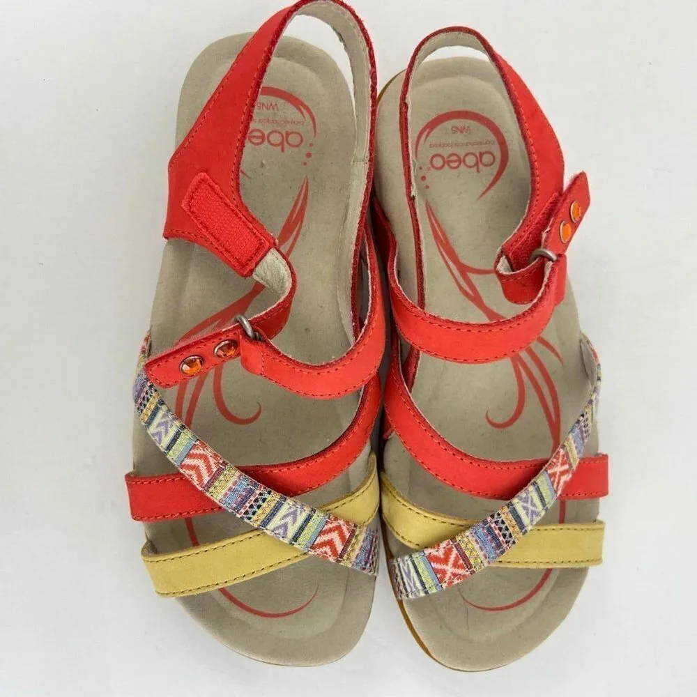 Abeo Womens‎  Laguna Sandals Multi Color Orange  Size US 5  Neutral Footbed